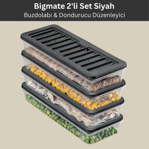 bigmate 2'li Şeffaf Saklama Kabı 2x1 Lt BGMT1115 Mikrodalga Buzdolabı ve Dondurucu Uyumlu Düzenleyici