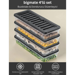 bigmate BGMT1515 4'lü Şeffaf Saklama Kabı 4x1 Lt Mikrodalga Buzdolabı ve Dondurucu Uyumlu Düzenleyici