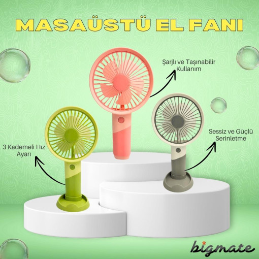 bigmate Mini El Fanı Taşınabilir Serinletici Şarjlı Vantilatör 3 Kademeli Hız Ayarı YM88176A bigmate Mini El Fanı Taşınabilir Serinletici Şarjlı Vantilatör 3 Kademeli Hız Ayarı YM88176A