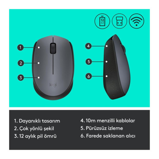 Logitech M170 910-004642 Optik Kablosuz Gri-Siyah Mouse